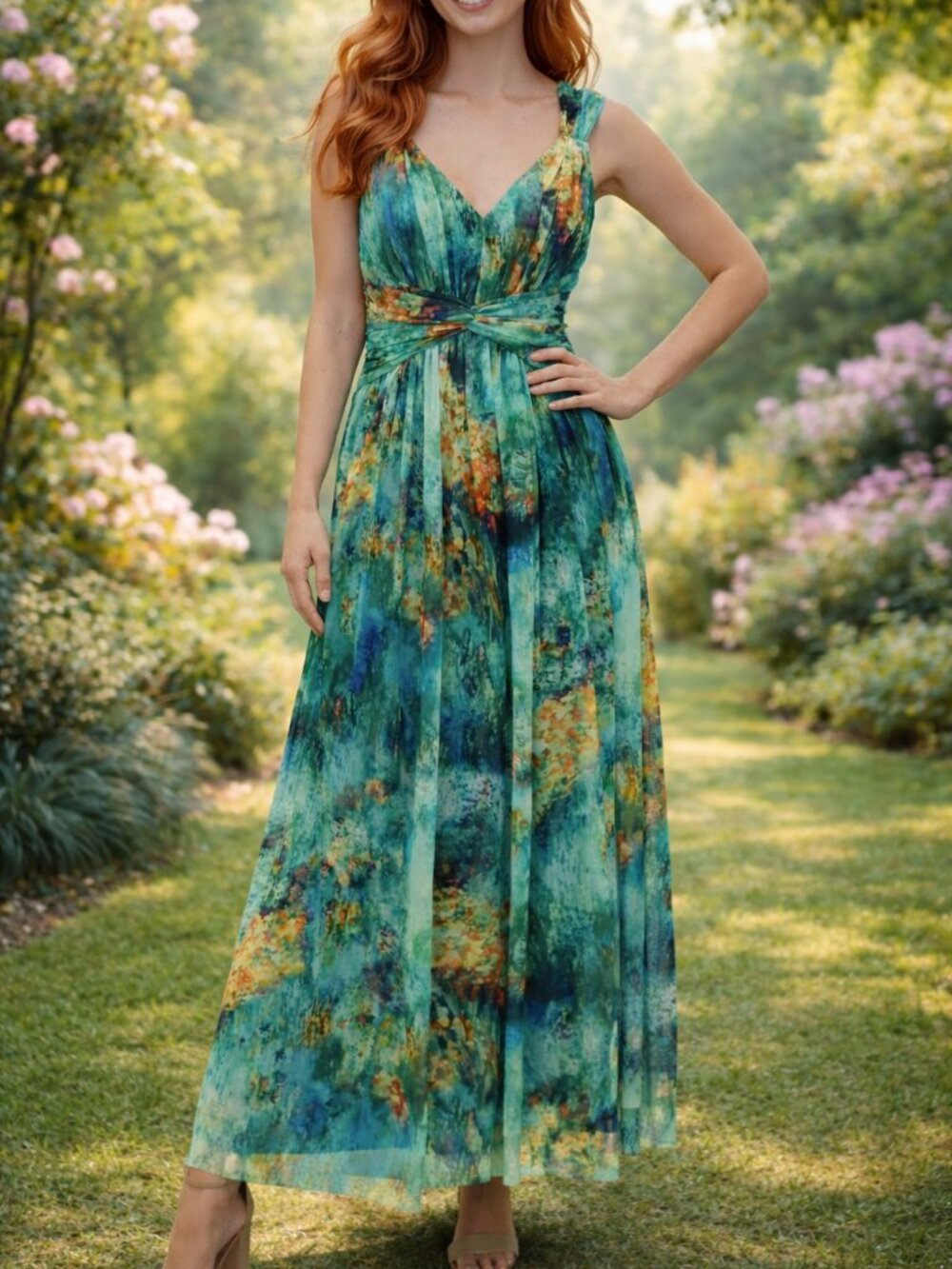 NWT London Times Green & Gold Twist Front V-Neck Midi Dress